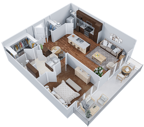 a 3d floor plan of a living room and dining room